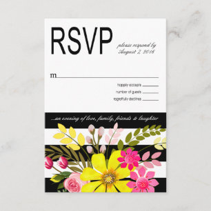 Flores rayadas en blanco y negro RSVP amarillo