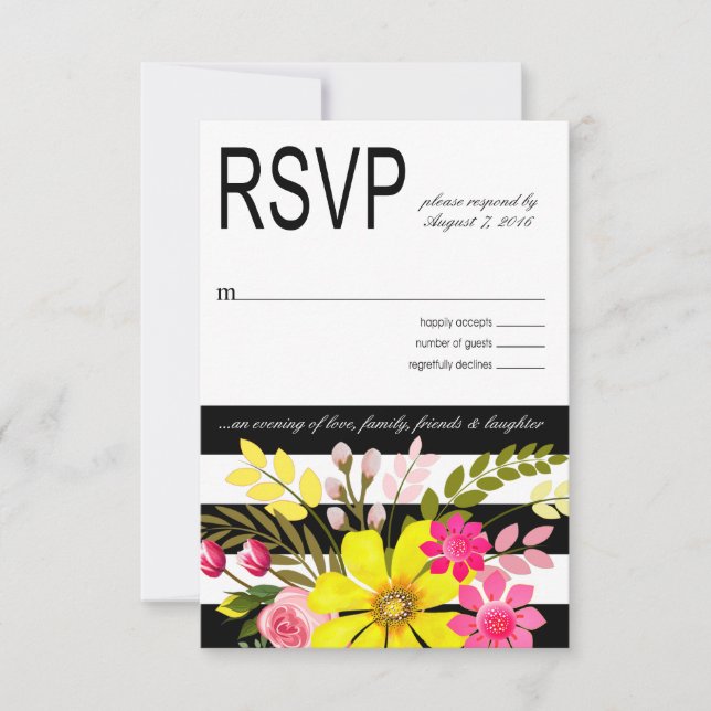 Flores rayadas en blanco y negro RSVP amarillo (Anverso)