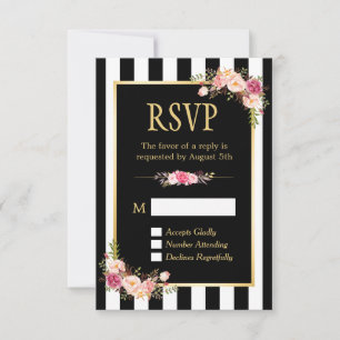 Flores rayadas en blanco y negro RSVP de marco dor