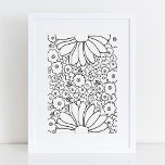 Flores retro 60 años 70 Impresión de arte blanco y<br><div class="desc">¡Este número tan espeluznante anima las paredes! Flores dibujadas a mano con una vibración de los años 60 y 70.</div>