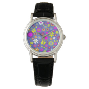 Flores retro en reloj de mujeres moradas