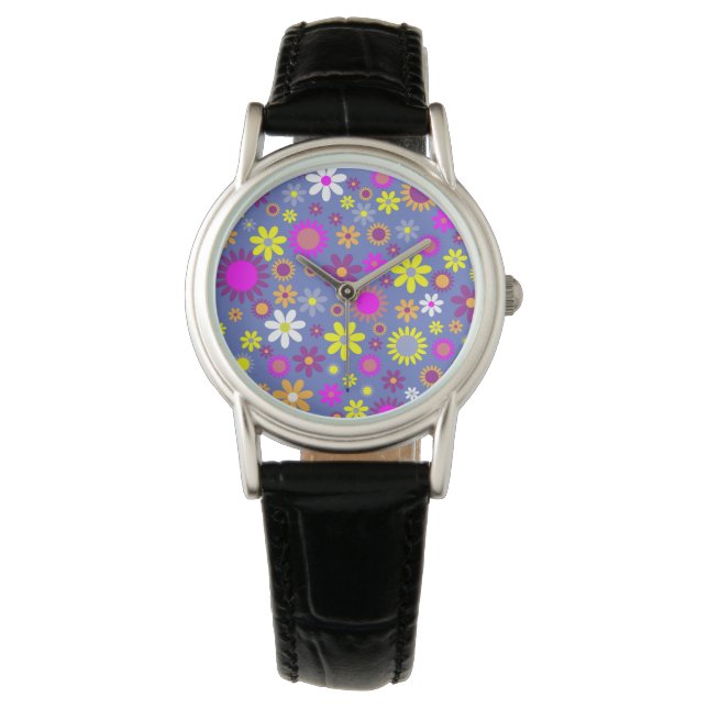 Flores retro en reloj de mujeres moradas (Anverso)