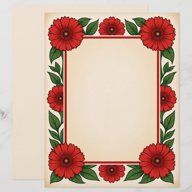 Flores rojas brillantes y papel de papelería con m (Anverso / Reverso)