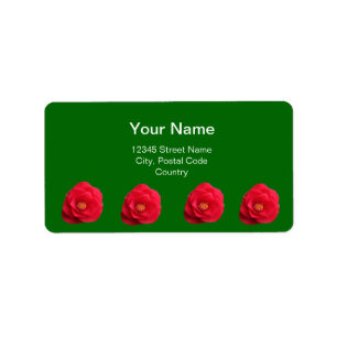 flores rojas de camelia etiqueta de dirección verd