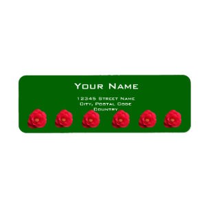 flores rojas de camelia etiqueta de dirección verd