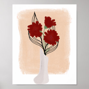 Flores Rojas en Jarrón Arte Dibujado a Mano