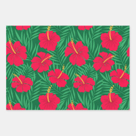 Flores rojas hibiscus sobre hojas tropicales verde