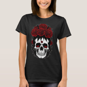Flores rojas y camiseta con crepúsculo en el cráne