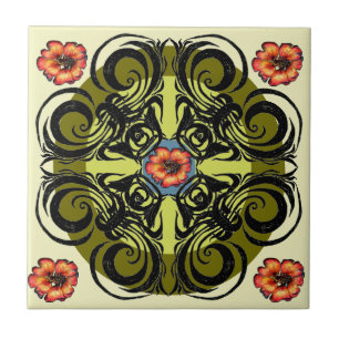 Flores rojas y tejas retras negras