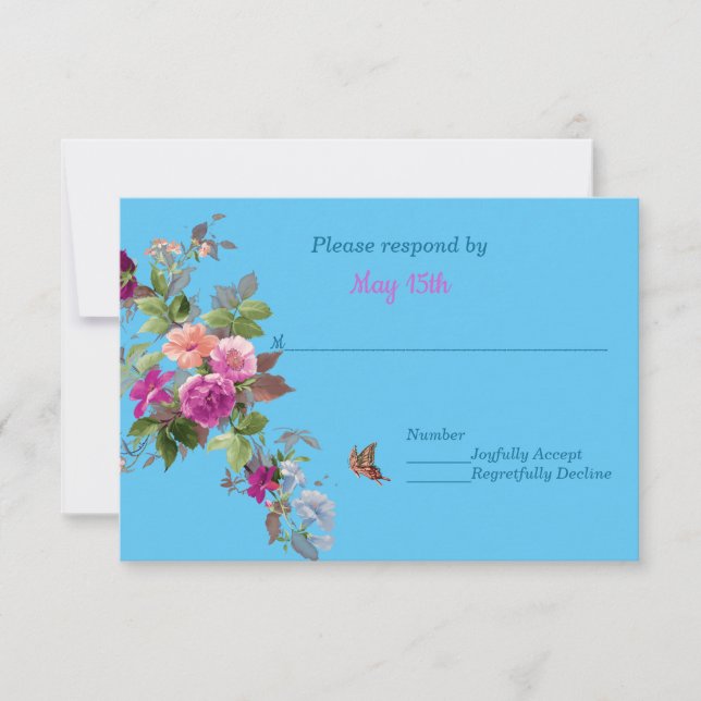 Flores románticas y mariposa en azul RSVP (Anverso)