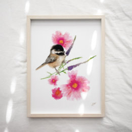 Flores rosa de pájaro de pollo lindo Imprimir arte