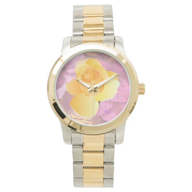 Flores rosa Rosas Amarillas Reloj de pulsera con d (Anverso)