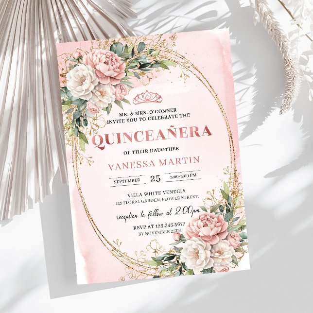 Flores Rosadas de Rubor Invitación de Quinceañera  (Blush Pink Flowers Eucalyptus Quinceañera Invite)
