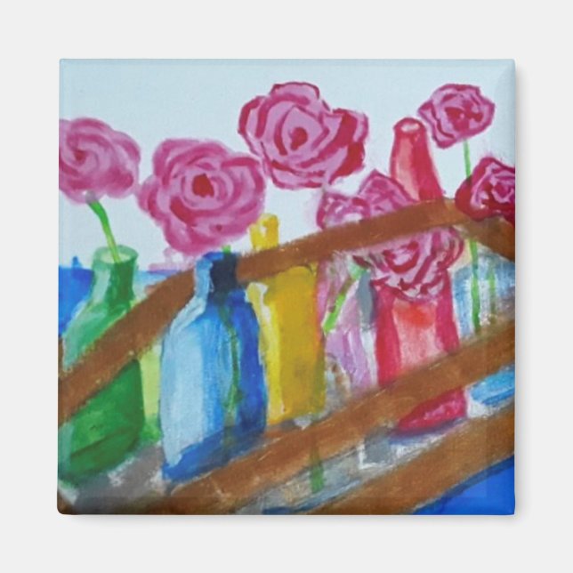 flores rosadas en jarrones imán de pintura (Frente)