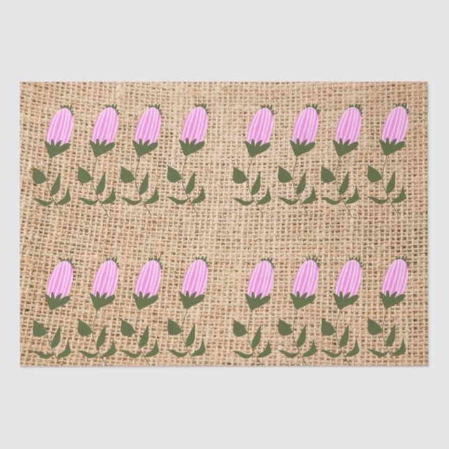 Flores rosadas en papel de tejidos en burlap (Anverso)