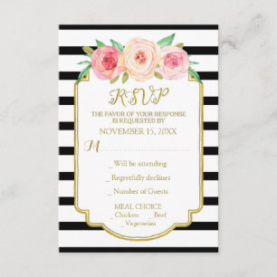 Flores rosadas Gold Black Stripes Wedding RSVP