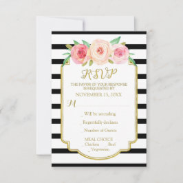 Flores rosadas Gold Black Stripes Wedding RSVP