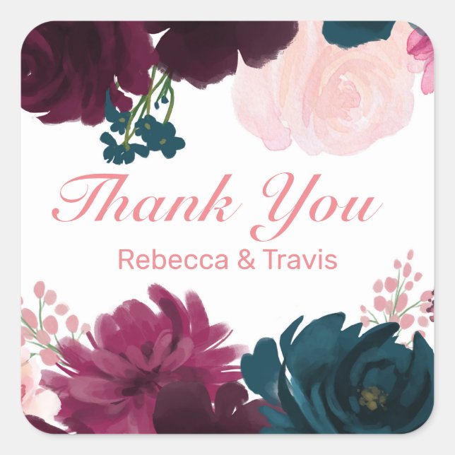 Flores Rosadas Gracias - Adhesivo Cuadrado (Anverso)
