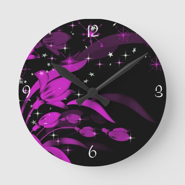 Flores rosadas neón, reloj de pared negro (Anverso)