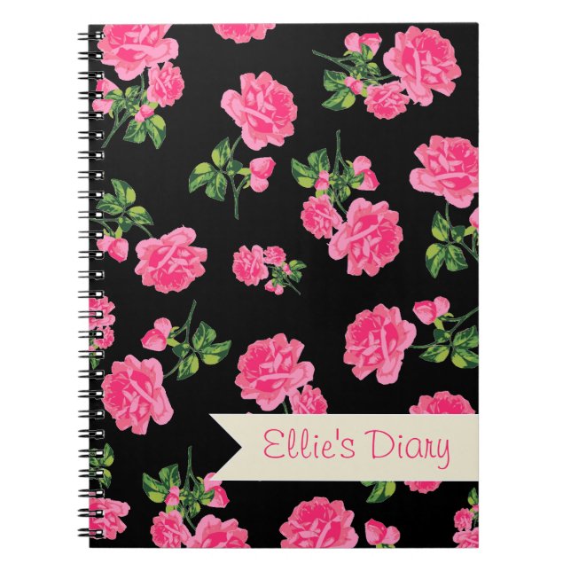 Flores rosadas personalizadas y cuaderno negro (Frente)