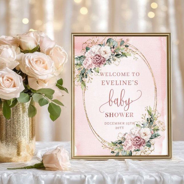 Flores rosadas polvorientas Bienvenida Señal de de (Dusty Pink Flowers Welcome Baby Shower Decor Sign)