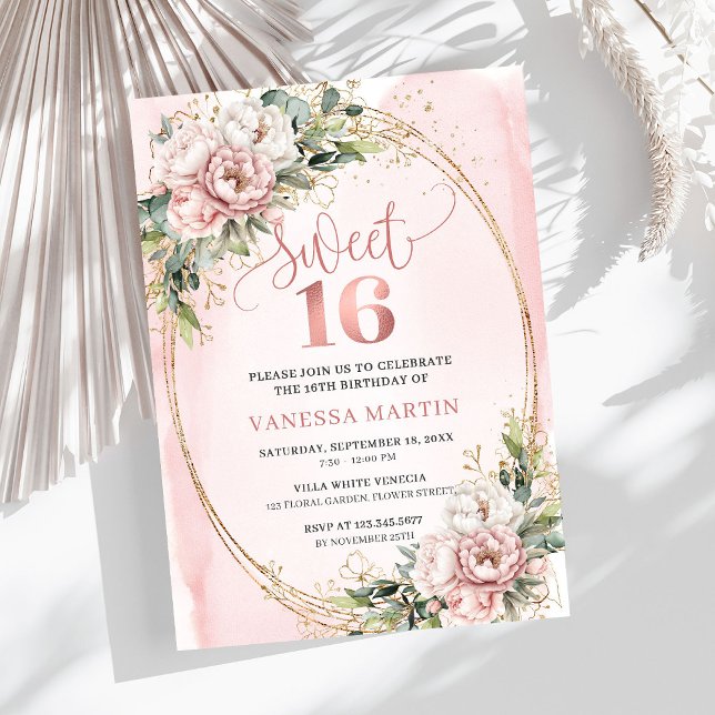 Flores Rosadas Polvorientas Invitación Eucalipto D (Dusty Pink Flowers Eucalyptus Sweet 16 Invitation)