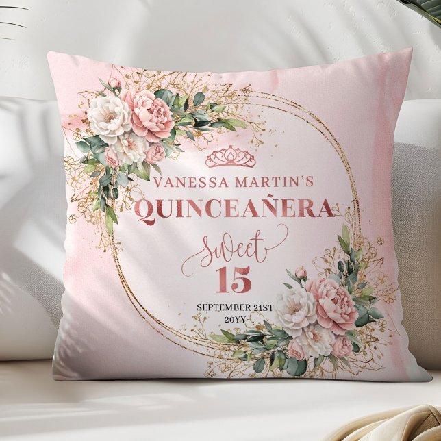 Flores rosadas polvorientas, regalo de almohada de (Dusty Pink Flowers Greenery Sweet 15 Pillow Gift)