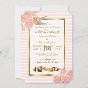 Flores rosadas y doradas e invitaciones a la boda 