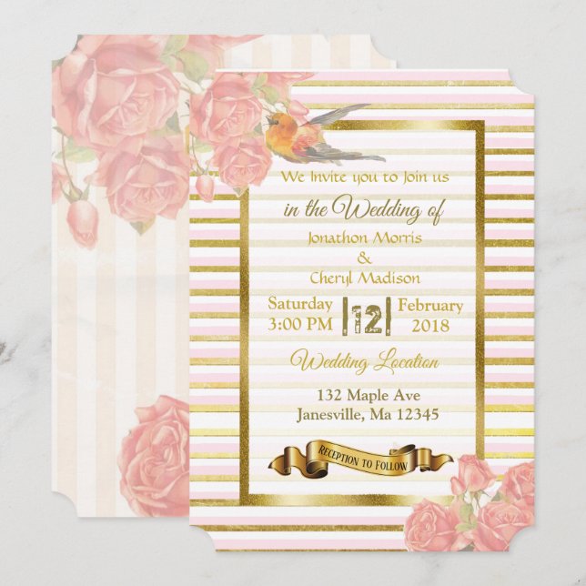 Flores rosadas y doradas e invitaciones a la boda  (Anverso / Reverso)