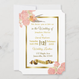 Flores rosadas y doradas e invitaciones a la boda 