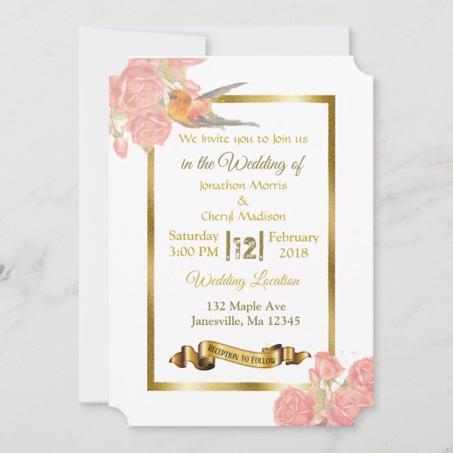Flores rosadas y doradas e invitaciones a la boda  (Anverso)