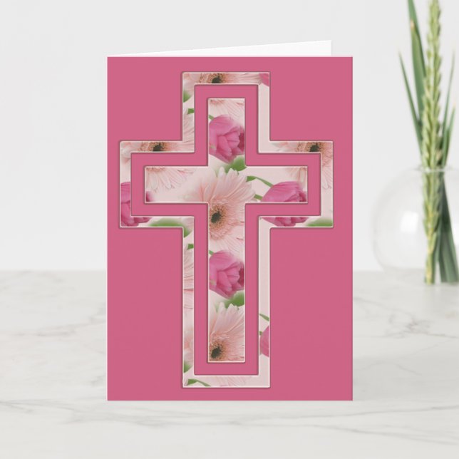 Flores rosas diseñan tarjeta de felicitación cruza (Anverso)