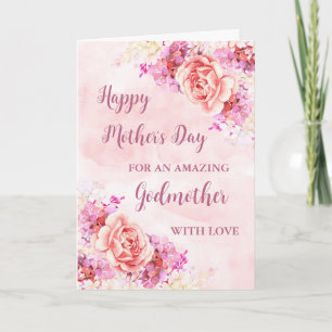 Flores rosas, padrina, feliz tarjeta del día de la