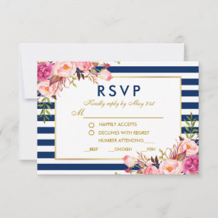Flores Rosas Rayas Azules Boda Comida RSVP