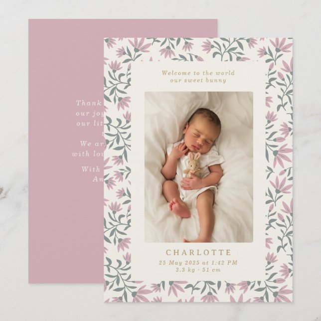 Flores rosas | tarjeta de anuncio de nacimiento de (Anverso / Reverso)