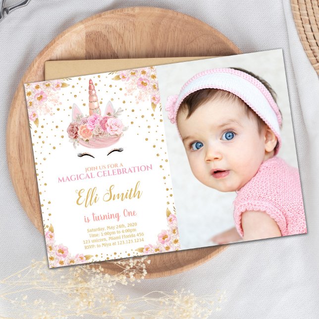 Flores rosas, unicornio invitaciones de cumpleaños (Pink Flowers Unicorn Birthday Invitations w photo)