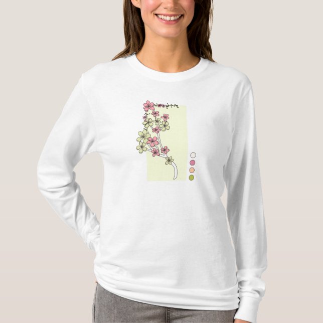 Flores rosas verdes camiseta de manga larga (Anverso)