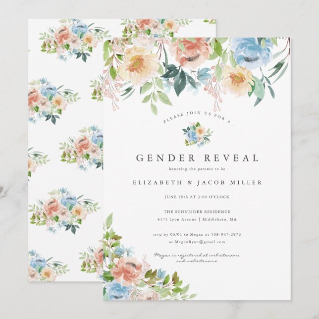Flores rosas y azules | Baby Shower de Revelación  (Anverso / Reverso)