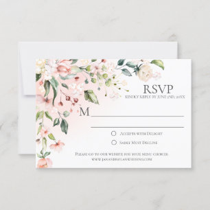 Flores rosas y blancas con tarjetas RSVP de vegeta