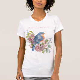 Flores rosas y camiseta de mujeres con pájaros azu