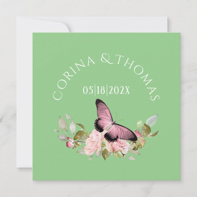 Flores rosas y mariposa en Boda verde (Anverso)
