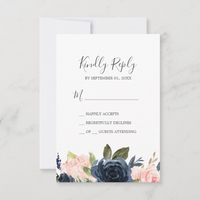Flores Rubor y Marina | Tarjeta RSVP simple blanca (Anverso)