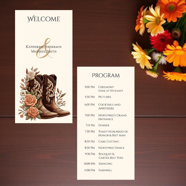 Flores rurales occidentales con boots de vaquero (Wedding Program-Country Western-Flowers with Cowboy Boots)