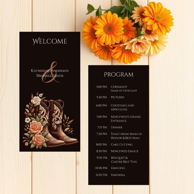 Flores rurales occidentales con boots de vaquero (Country Western-Flowers with Cowboy Boots-Wedding Program)