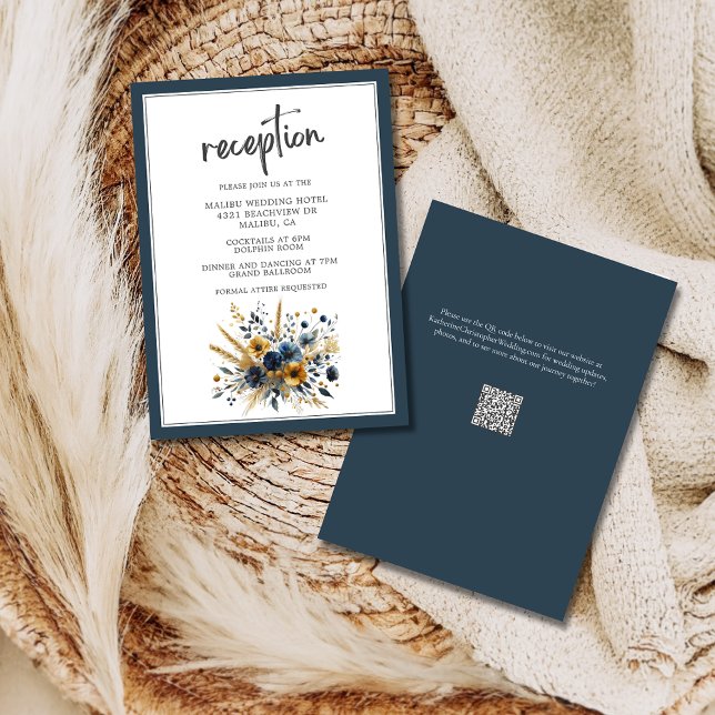 Flores salvajes amarillas azul elegante recepción  (Blue Yellow Elegant Wildflower Wedding Reception Enclosure Card with QR Code for Wedding Website.)