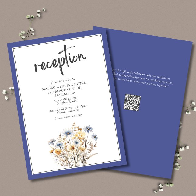 Flores salvajes azules Moderna elegante recepción  (Blue Wildflowers Elegant Wedding Reception Enclosure Card, formal design with watercolor wildflowers)