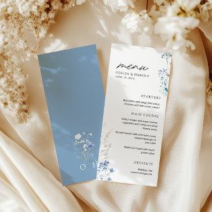 Flores salvajes azules Monograma Menú plano Boda