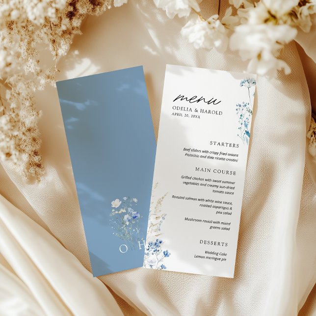 Flores salvajes azules Monograma Menú plano Boda (Subido por el creador)