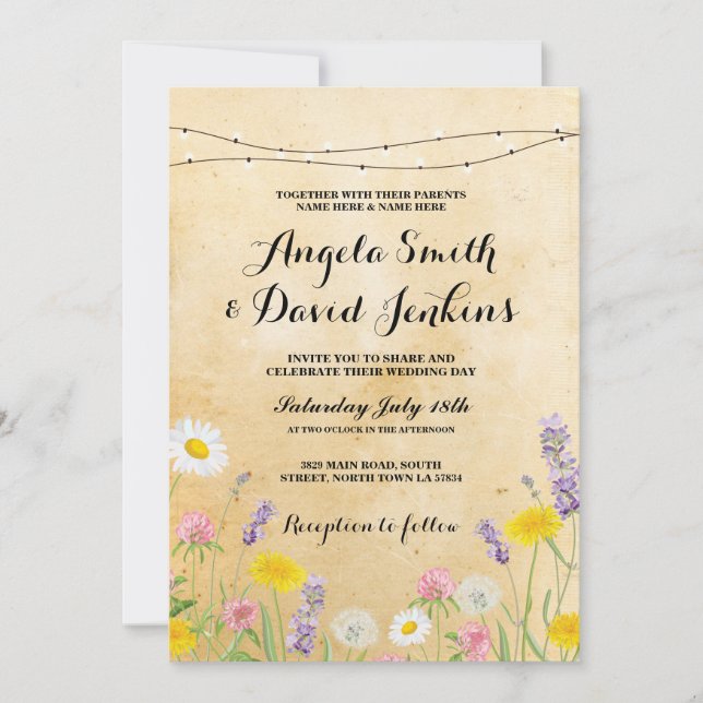 Flores salvajes Boda Vintage Invitación floral (Anverso)