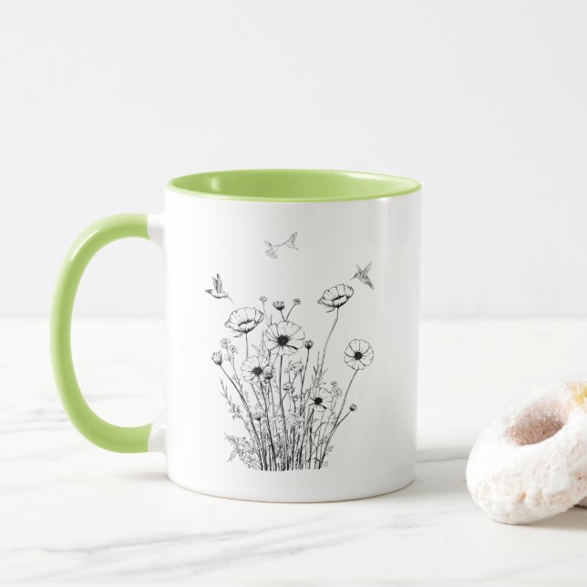 Flores salvajes en tazas de café blanco y negro (Con donut)